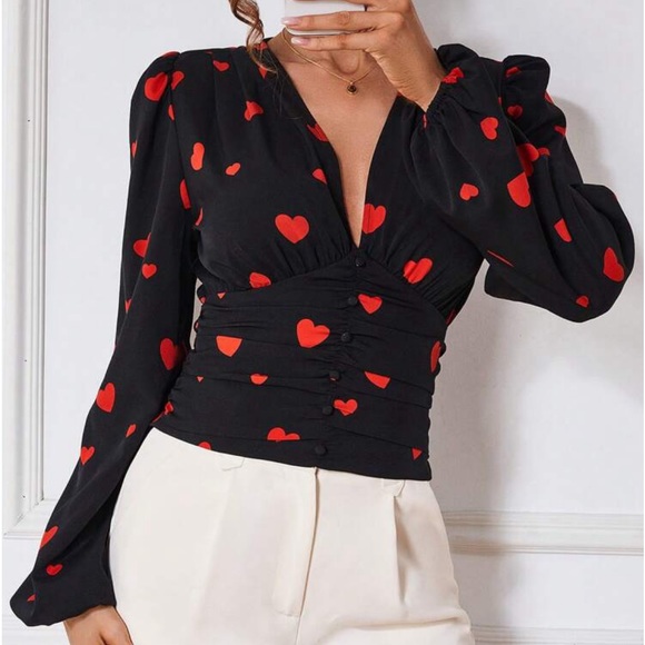 Plunge V-Neck Pleated Smocked Waist Button Lantern Sleeve Top Blouse Black - Picture 9 of 11